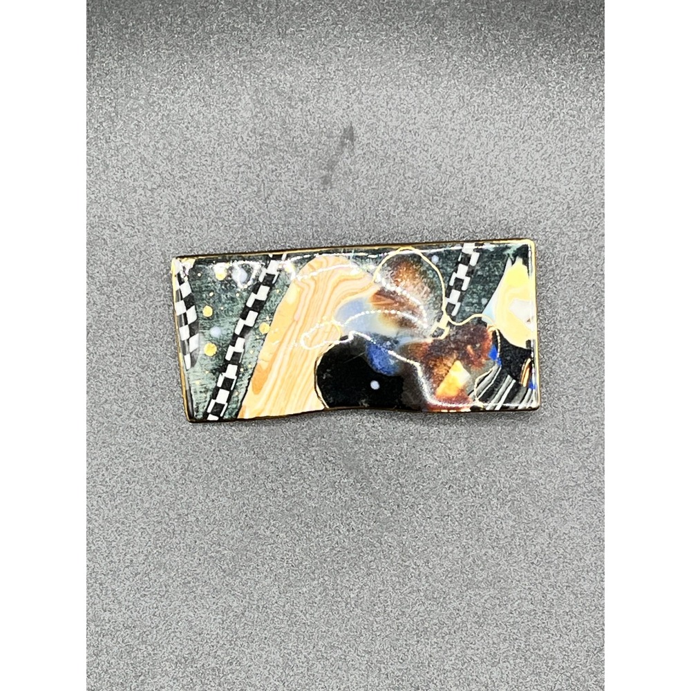 Enamel‎ Pin Brooch Abstract Design Gold Tone Rectangular Art Nouveau Style Vtg